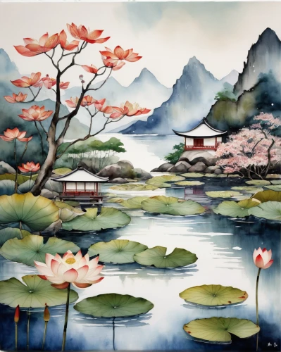 oriental painting,chinese art,japanese art,japan landscape,lotus pond,flower painting,water lotus,japanese floral background,lotus on pond,landscape background,oriental,lotus flowers,luo han guo,japanese background,yunnan,lotus blossom,river landscape,tong sui,lily pond,lotuses,Conceptual Art,Daily,Daily 34