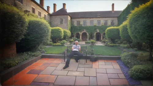 courtyard,album cover,in the garden,roof garden,the garden,alfresco,artificial grass,english garden,digital compositing,man on a bench,monastery garden,photo painting,work in the garden,garden ornament,cd cover,roof terrace,gardener,garden party,image editing,inside courtyard