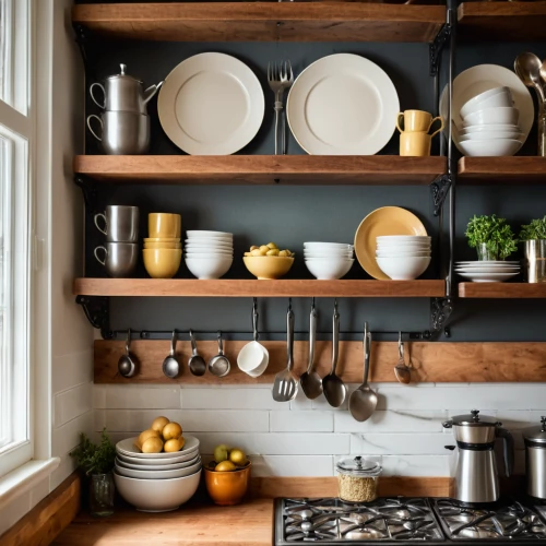 plate shelf,dish storage,cookware and bakeware,vintage kitchen,kitchenware,copper cookware,kitchen utensils,kitchen tools,vintage dishes,kitchen cabinet,ceramic hob,scandinavian style,cooking utensils,tile kitchen,cast iron,chefs kitchen,kitchen shop,dark cabinets,wooden shelf,under-cabinet lighting,Photography,General,Cinematic