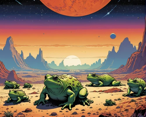 frog gathering,frog background,alien planet,iguanas,tree frogs,sci fiction illustration,frogs,guards of the canyon,amphibians,alligator alley,alien world,bufo,terrapin,terraforming,turtles,planet mars,frog through,gas planet,cover,mission to mars,Illustration,Vector,Vector 04
