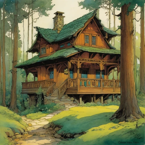 house in the forest,log home,log cabin,wooden house,wooden houses,tree house,house in mountains,the cabin in the mountains,house in the mountains,treehouse,witch's house,timber house,little house,tree house hotel,cottage,summer cottage,studio ghibli,home landscape,witch house,lodge,Illustration,Realistic Fantasy,Realistic Fantasy 04