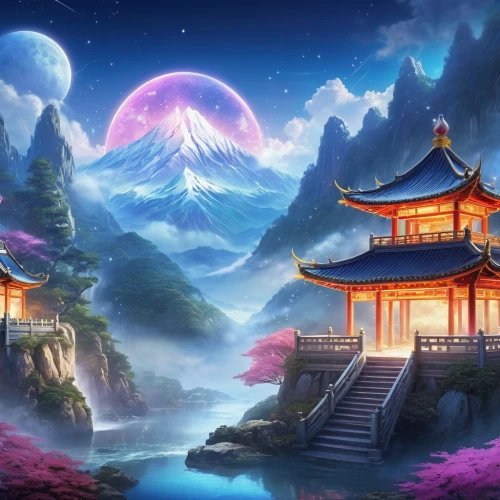 fantasy landscape,mid-autumn festival,landscape background,chinese background,japanese sakura background,chinese temple,japanese background,sakura background,fantasy picture,hall of supreme harmony,chinese art,japan landscape,yunnan,forbidden palace,backgrounds,oriental painting,background images,cartoon video game background,world digital painting,dusk background