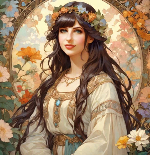 girl in a wreath,fantasy portrait,art nouveau,artemisia,flora,wreath of flowers,floral wreath,mucha,girl in flowers,golden wreath,rusalka,kahila garland-lily,jasmine blossom,spring crown,victorian lady,sultana,blooming wreath,flower crown,cleopatra,beautiful girl with flowers