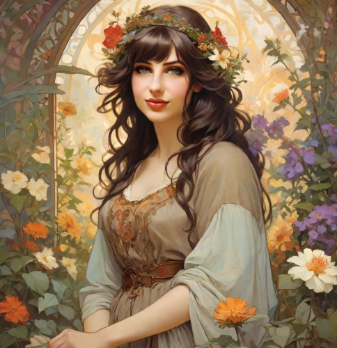 fantasy portrait,girl in flowers,girl in a wreath,wreath of flowers,flora,art nouveau,romantic portrait,beautiful girl with flowers,blooming wreath,girl in the garden,flower girl,flower fairy,floral wreath,elven flower,mystical portrait of a girl,spring crown,artemisia,jasmine blossom,fiori,rosa 'the fairy