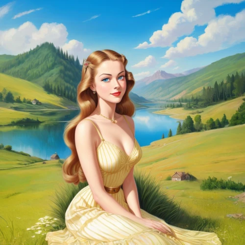 maureen o'hara - female,the blonde in the river,retro pin up girl,pin-up girl,girl on the river,pin up girl,girl in a long dress,pinup girl,pin-up model,pin-up,world digital painting,retro pin up girls,pin up,landscape background,portrait background,young woman,valentine day's pin up,retro woman,pin-up girls,valentine pin up