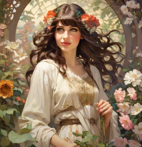 girl in a wreath,girl in flowers,wreath of flowers,fantasy portrait,blooming wreath,jasmine blossom,floral wreath,flora,girl in the garden,flower girl,holding flowers,beautiful girl with flowers,girl picking flowers,mucha,romantic portrait,mystical portrait of a girl,bouguereau,scent of jasmine,golden wreath,spring crown