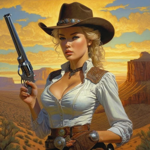 girl with gun,wild west,woman holding gun,girl with a gun,cowgirl,western,cowgirls,sheriff,western riding,gunfighter,western pleasure,holding a gun,country-western dance,western film,countrygirl,american frontier,smith and wesson,femme fatale,revolvers,cowboy bone,Illustration,Realistic Fantasy,Realistic Fantasy 03