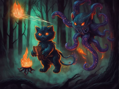 cauldron,halloween illustration,torches,spirits,burning torch,cuthulu,tree torch,nuphar,campfire,witches,catastrophe,krampus,dark-type,mirror of souls,supernatural creature,halloween black cat,fireflies,halloween cat,haunted forest,game illustration,Illustration,Realistic Fantasy,Realistic Fantasy 47