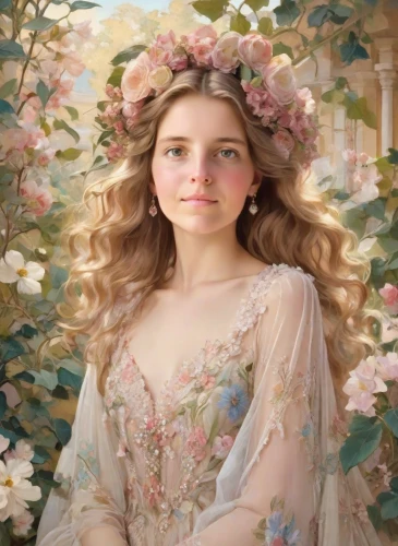 girl in flowers,girl in a wreath,fantasy portrait,flower fairy,beautiful girl with flowers,romantic portrait,portrait background,mystical portrait of a girl,apple blossoms,blooming wreath,spring crown,jessamine,fairy queen,flower girl,emile vernon,girl in the garden,linden blossom,rosa 'the fairy,faerie,spring unicorn