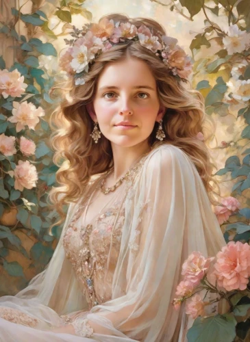 girl in a wreath,girl in flowers,beautiful girl with flowers,romantic portrait,fantasy portrait,emile vernon,flower fairy,blooming wreath,faery,mystical portrait of a girl,flower girl,jessamine,fairy queen,floral wreath,flower crown of christ,faerie,portrait background,wreath of flowers,young woman,enchanting