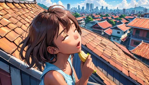 roofs,rooftops,roof landscape,house roofs,little girl in wind,on the roof,roof tiles,city ​​portrait,world digital painting,roofer,kids illustration,roof,tiled roof,roof domes,roof top,rooftop,red bricks,digital painting,house roof,housetop,Anime,Anime,Realistic