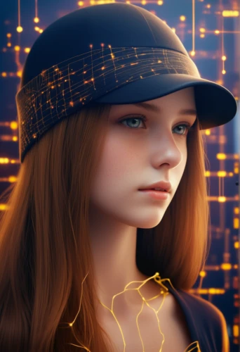girl wearing hat,gold cap,portrait background,the hat-female,world digital painting,digital compositing,digital art,vector girl,sci fiction illustration,background bokeh,digiart,hat,cyber,digital artwork,mystical portrait of a girl,vector art,virtual identity,play escape game live and win,beret,french digital background,Photography,General,Realistic