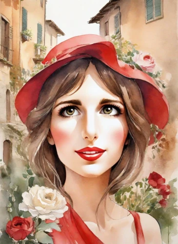 watercolor women accessory,italian painter,photo painting,romantic portrait,vintage woman,romantic look,vintage girl,woman face,lady in red,flower painting,fashion vector,fashion illustration,malcesine,art painting,world digital painting,lollo rosso,rose flower illustration,woman's face,red hat,rose white and red