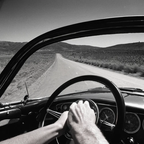 open road,windshield,behind the wheel,steering,motoring,route 66,route66,steering wheel,sunbeam tiger,drive,road 66,mojave desert,vanishing point,aronde,vintage car,long road,mg midget,sunbeam alpine,winding roads,cruising,Photography,Black and white photography,Black and White Photography 08