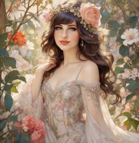 fantasy portrait,beautiful girl with flowers,romantic portrait,floral wreath,girl in flowers,flower fairy,spring crown,wreath of flowers,fairy queen,girl in a wreath,fantasy art,blooming wreath,floral background,faery,persian,faerie,jasmine blossom,rose wreath,portrait background,hydrangea