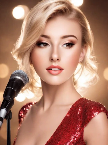 hollywood actress,portrait background,romantic look,singer,realdoll,blonde woman,mic,vintage makeup,female hollywood actress,beautiful woman,short blond hair,gena rolands-hollywood,red gown,vanity fair,makeup,beautiful young woman,jazz singer,singing,glamor,marylyn monroe - female