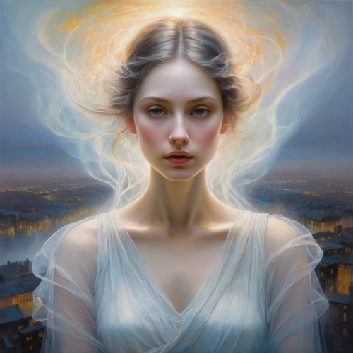 mystical portrait of a girl,fantasy portrait,priestess,fantasy art,sorceress,the enchantress,romantic portrait,white rose snow queen,light bearer,the snow queen,incandescent,fantasy picture,white lady,luminous,zodiac sign libra,fantasy woman,aurora,psyche,sci fiction illustration,angel,Art,Classical Oil Painting,Classical Oil Painting 13