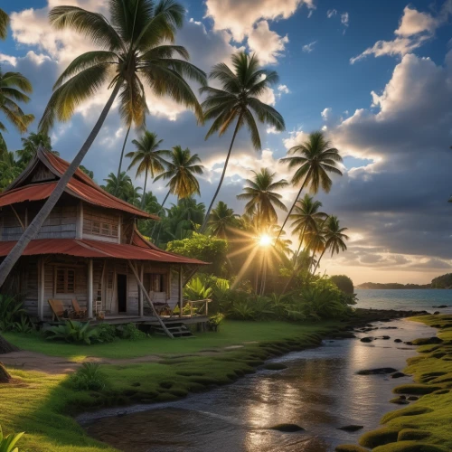 samoa,tropical house,french polynesia,south pacific,fiji,coconut trees,tahiti,house by the water,southern island,cook islands,hawaii,tropical island,coconut tree,polynesian,coconut palms,philippines,summer cottage,stilt house,tropical beach,an island far away landscape,Photography,General,Realistic