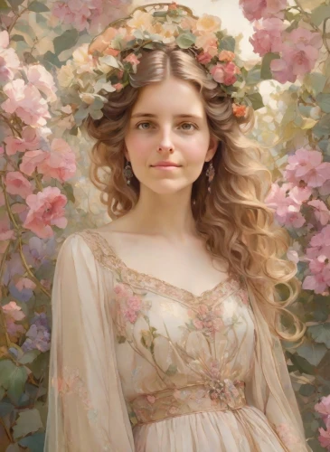 girl in flowers,girl in a wreath,fantasy portrait,portrait background,mystical portrait of a girl,romantic portrait,bouguereau,blooming wreath,beautiful girl with flowers,emile vernon,mucha,wreath of flowers,flower fairy,portrait of a girl,young woman,spring crown,floral wreath,fairy queen,eglantine,floral background