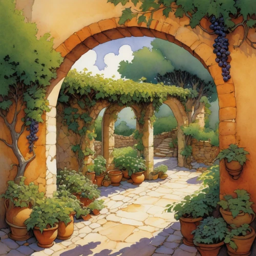 arches,archway,pathway,rose arch,tunnel of plants,backgrounds,pergola,round arch,home landscape,secret garden of venus,gateway,to the garden,watercolor background,landscaping,gardens,fantasy landscape,clove garden,provence,walkway,roof landscape,Illustration,Realistic Fantasy,Realistic Fantasy 04