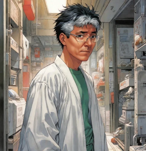 theoretician physician,cartoon doctor,biologist,scientist,pharmacist,pharmacy,chemist,medical illustration,researcher,umiuchiwa,physician,jin deui,yukio,2d,sci fiction illustration,microbiologist,doctor,fish-surgeon,shirakami-sanchi,surgeon