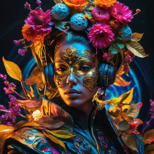 girl in a wreath,kahila garland-lily,masquerade,girl in flowers,golden wreath,venetian mask,flora,wreath of flowers,bjork,the festival of colors,mystical portrait of a girl,floral composition,fantasy portrait,geisha,pachamama,asian costume,brazil carnival,flower fairy,fairy peacock,dryad,Photography,Artistic Photography,Artistic Photography 08