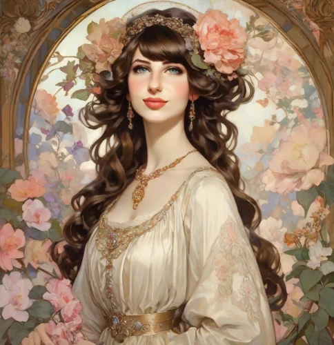 girl in a wreath,emile vernon,art nouveau,wreath of flowers,portrait of a girl,girl in flowers,floral wreath,mucha,art nouveau frame,flora,fantasy portrait,jasmine blossom,art nouveau frames,victorian lady,floral garland,blooming wreath,holding flowers,vintage female portrait,young woman,camellia