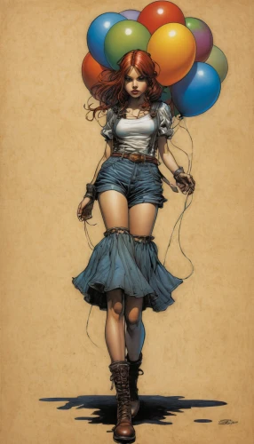 little girl with balloons,marionette,crinoline,raggedy ann,hoopskirt,balloon,tulle,juggler,balloon with string,captive balloon,rodeo clown,balloon-like,ballooning,ballon,tumbling doll,painter doll,balloon hot air,balloons,rag doll,steampunk,Illustration,American Style,American Style 02