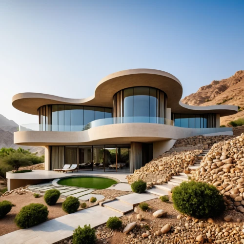 dunes house,luxury home,modern architecture,luxury property,futuristic architecture,modern house,beautiful home,luxury real estate,mid century house,large home,jewelry（architecture）,architectural style,dune ridge,stone desert,mid century modern,luxury home interior,house in the mountains,arhitecture,qumran,house shape,Photography,General,Realistic