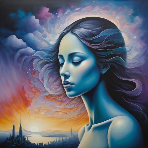 oil painting on canvas,mystical portrait of a girl,woman thinking,art painting,blue painting,blue moon rose,oil painting,psychedelic art,oil on canvas,mother earth,blue enchantress,meticulous painting,girl in a long,virgo,self hypnosis,la violetta,sky rose,the zodiac sign pisces,psyche,horoscope libra,Art,Artistic Painting,Artistic Painting 29