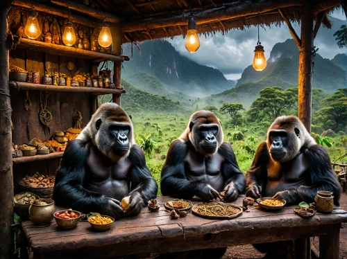 bonobo,great apes,monkeys band,primates,monkey family,the blood breast baboons,baboons,thai cuisine,bahian cuisine,anthropomorphized animals,three wise monkeys,three monkeys,orang utan,mandrill,breakfast table,dining,dinner for two,monkeys,tropical animals,breakfast buffet,Photography,General,Fantasy