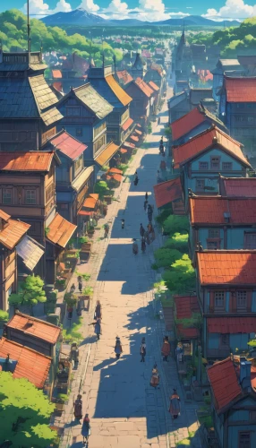 violet evergarden,spa town,tsukemono,ancient city,korean folk village,meteora,aurora village,studio ghibli,hanok,knight village,bukchon,roofs,wooden houses,mountain village,villages,neighborhood,village life,medieval town,neighbourhood,japan landscape,Illustration,Japanese style,Japanese Style 03