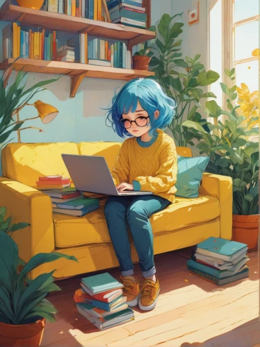 girl studying,bookworm,reading,relaxing reading,study room,study,little girl reading,blue room,girl at the computer,dandelion hall,read a book,writing-book,indoors,child with a book,playing room,blue pillow,workspace,home office,author,blue painting,Illustration,Paper based,Paper Based 19