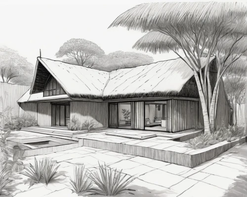 house drawing,timber house,landscape design sydney,landscape designers sydney,wooden house,wooden hut,mid century house,garden elevation,cottage,inverted cottage,garden design sydney,straw hut,clay house,grass roof,chalet,garden buildings,dunes house,house shape,log cabin,bungalow,Illustration,Black and White,Black and White 02