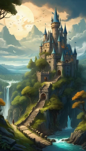 fairy tale castle,fantasy landscape,fairytale castle,fantasy picture,castel,knight's castle,water castle,fantasy world,fantasy city,fantasy art,castle of the corvin,castle,hogwarts,fairy tale,castles,3d fantasy,fairytale,gold castle,disney castle,a fairy tale,Illustration,Realistic Fantasy,Realistic Fantasy 01