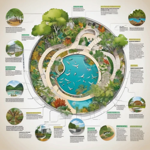 permaculture,landscape plan,water courses,artificial islands,water resources,wastewater treatment,ecological sustainable development,ecosystem,pond plants,crescent spring,artificial island,infographic elements,swim ring,nature garden,floating islands,aquaculture,river of life project,water spring,nature conservation,ecoregion,Unique,Design,Infographics