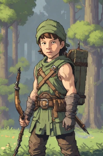 robin hood,adventurer,barbarian,male elf,forest man,woodsman,farmer in the woods,link,alm,wood elf,dwarf sundheim,game illustration,game character,he-man,ranger,dwarf,the wanderer,forest clover,lone warrior,mowgli