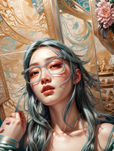 fantasy portrait,detail shot,portrait background,digital painting,mermaid background,meticulous painting,rosa ' amber cover,world digital painting,masquerade,girl portrait,painting work,zodiac sign libra,medusa,background ivy,turquoise,illustrator,color turquoise,flora,mystical portrait of a girl,eyewear