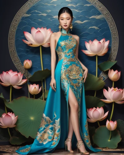 water lotus,lotus blossom,lotus flowers,oriental princess,sacred lotus,golden lotus flowers,lotus flower,lotuses,oriental painting,teal blue asia,chinese art,ao dai,lotus,lotus hearts,lotus ffflower,water lily plate,lotus pond,flower of water-lily,waterlily,lotus with hands,Illustration,Realistic Fantasy,Realistic Fantasy 08