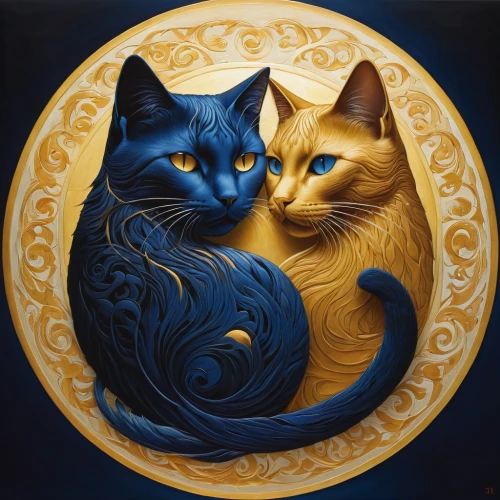 felines,sun and moon,vintage cats,yellow and blue,two cats,dark blue and gold,yinyang,capricorn kitz,yin-yang,cat lovers,yin yang,cats,cats playing,yin and yang,cat portrait,blue pillow,cat family,gold foil art,romantic portrait,kare - kare,Illustration,Realistic Fantasy,Realistic Fantasy 08
