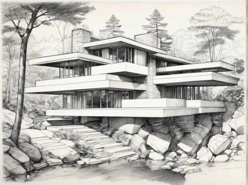 brutalist architecture,dunes house,house drawing,mid century house,mid century modern,archidaily,timber house,kirrarchitecture,modern architecture,matruschka,house hevelius,futuristic architecture,house in the forest,cubic house,arhitecture,contemporary,ruhl house,reinforced concrete,cd cover,arq,Illustration,Black and White,Black and White 30