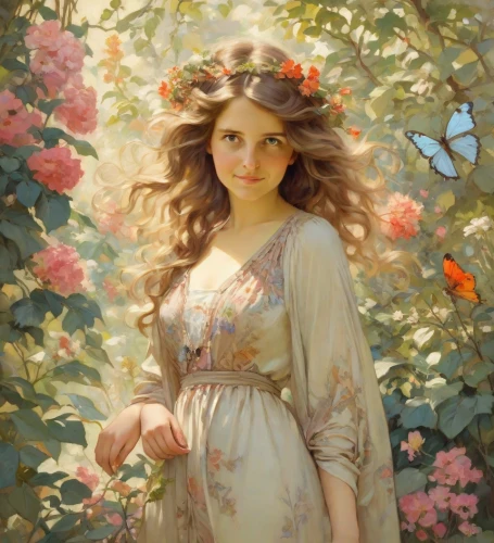 girl in flowers,girl in the garden,emile vernon,girl in a wreath,beautiful girl with flowers,fantasy portrait,mystical portrait of a girl,girl picking flowers,romantic portrait,flower fairy,wreath of flowers,bouguereau,flower girl,jessamine,young woman,flora,holding flowers,faery,blooming wreath,splendor of flowers