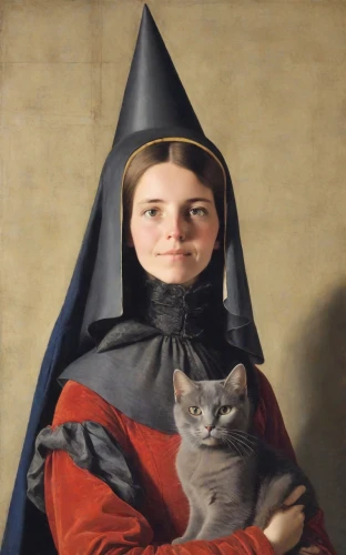 napoleon cat,gothic portrait,cat portrait,cat sparrow,girl with dog,portrait of christi,cat european,conical hat,portrait of a girl,cat image,cat child,girl with a dolphin,russian pyramid,mona lisa,cat,portrait of a woman,the mona lisa,figaro,witches' hats,girl in cloth