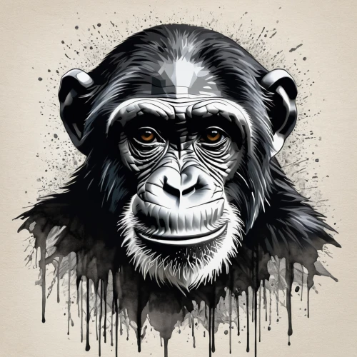 chimpanzee,chimp,primate,common chimpanzee,great apes,primates,bonobo,gorilla,ape,the monkey,monkey,siamang,monkey island,animal icons,monkeys band,anthropomorphized animals,macaque,silverback,animal portrait,baboon,Illustration,Black and White,Black and White 31