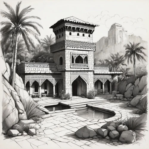 water palace,qasr al watan,nizwa,persian architecture,quasr al-kharana,islamic architectural,king abdullah i mosque,jahili fort,stone palace,rock-mosque,qasr al kharrana,masjid,mosques,caravansary,grand mosque,arabic background,tusche indian ink,al nahyan grand mosque,al-askari mosque,marble palace,Illustration,Black and White,Black and White 08