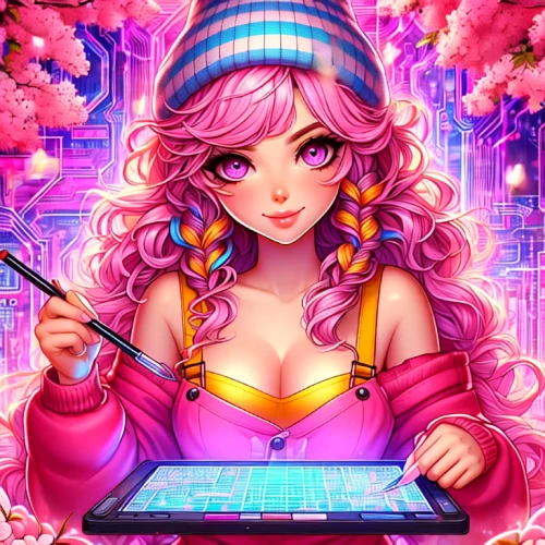 girl at the computer,computer art,computer freak,computer,cyberpunk,illustrator,cyber,midi,compute,japanese sakura background,colorful background,80s,pink scrapbook,cyberspace,pink background,computer icon,pink vector,retro girl,game illustration,digiart