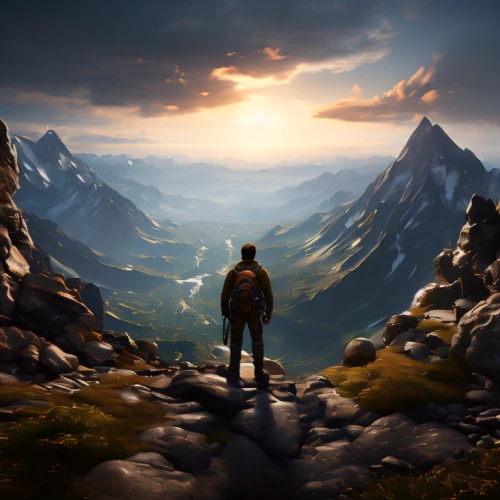 the spirit of the mountains,mountain world,mountain sunrise,landscape background,mountain guide,mountain scene,mountains,mountain landscape,alpine crossing,the beauty of the mountains,the wanderer,world digital painting,full hd wallpaper,game art,mountain,mountainous landscape,autumn mountains,high mountains,mountain peak,background image