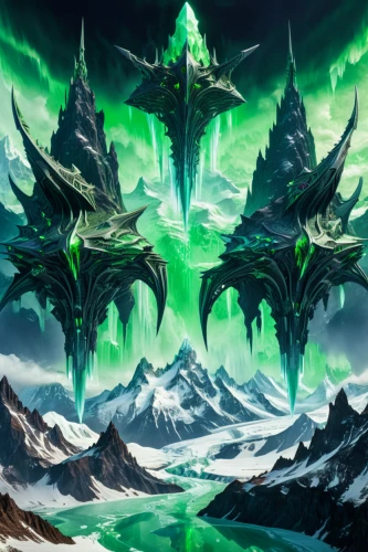 northrend,patrol,argus,green aurora,green dragon,dragon of earth,auroras,thermokarst,druid grove,ice planet,hall of the fallen,hex,green,aaa,aurora borealis,cuthulu,fjord,southern aurora,fantasy art,elves flight,Illustration,Realistic Fantasy,Realistic Fantasy 46