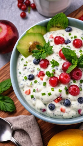 raita,tzatziki,berries on yogurt,plain fat-free yogurt,blue cheese dressing,herb quark,avgolemono,ekmek kadayıfı,strained yogurt,sauce gribiche,berry quark,ranch dressing,yoghurt production,mediterranean diet,vichyssoise,baba ghanoush,yogurt,boursin cheese,cottage cheese,dahi vada,Photography,General,Realistic