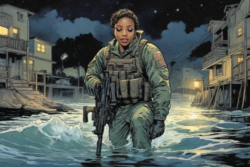 sci fiction illustration,war correspondent,flooded,drone operator,floods,operator,water police,high water,flooding,flood,lost in war,african american woman,ghostbusters,wading,military person,the man in the water,combat medic,hurricane katrina,marine,marine expeditionary unit